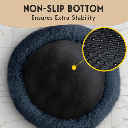 PetJett Non-Slip Calming Dog Bed Medium – PVC Dot Bottom Round Pet Bed for Hardwood & Tile, Safe Entry & Exit for Senior Dogs