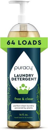 Puracy Natural Laundry Detergent - Non-Toxic Plant-Based Formula for Sensitive Skin, Free & Clear 64 Loads