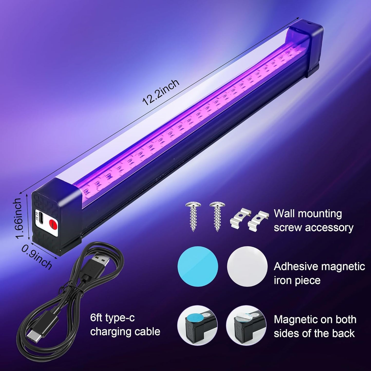 Portable Blacklight Strip 10W, Battery Powered UV Bar for Tapestry Glow and Living Room Ambient Lighting