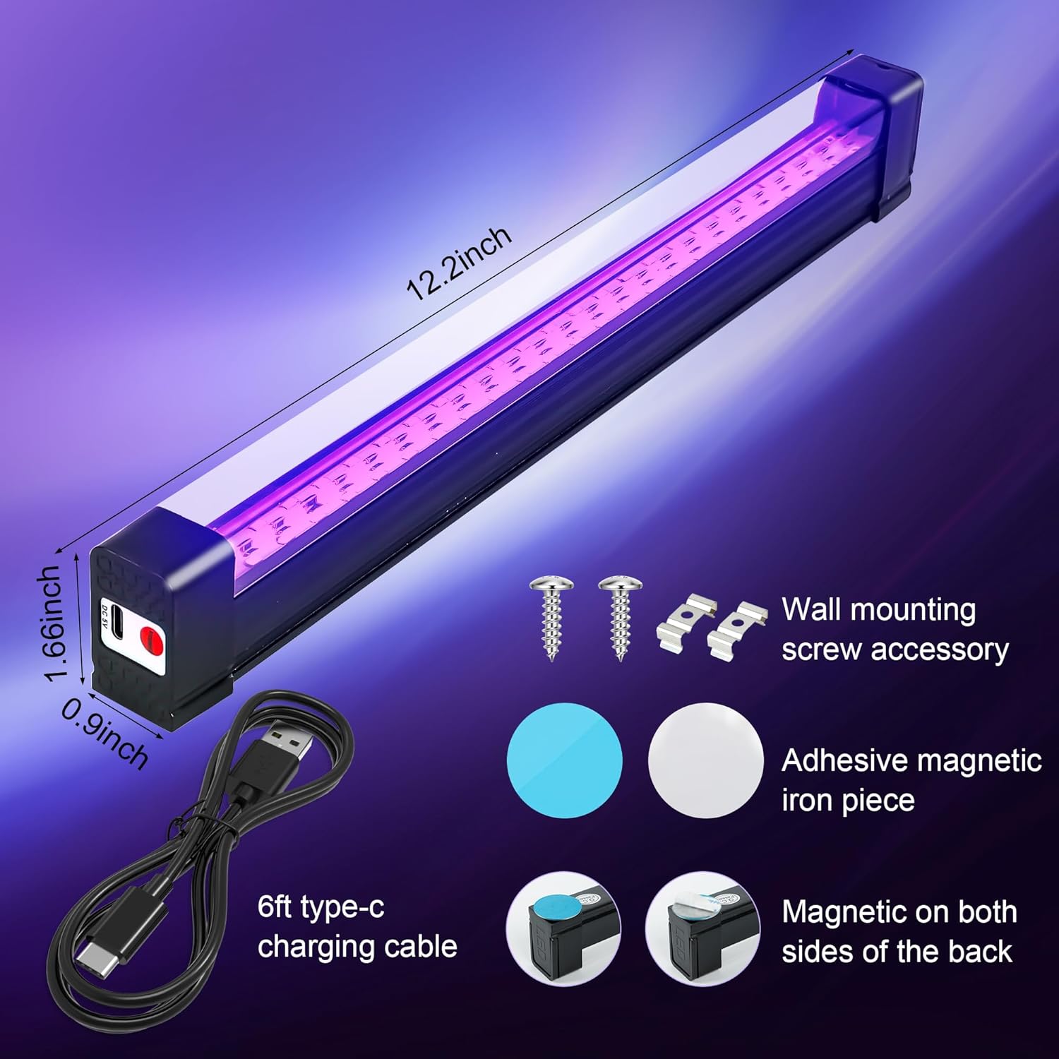 Portable Blacklight Strip 10W, Battery Powered UV Bar for Tapestry Glow and Living Room Ambient Lighting