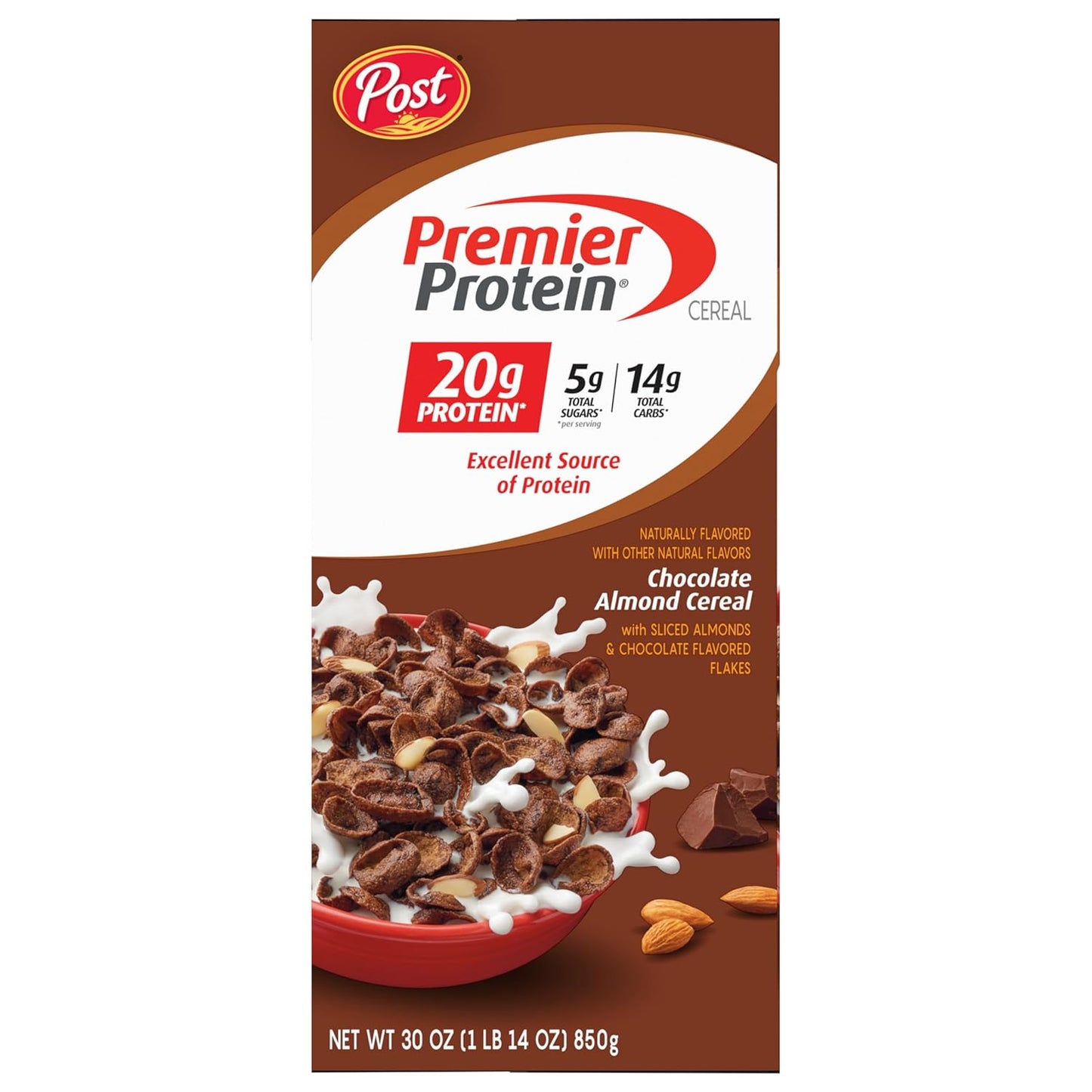 Post Premier Protein Chocolate Almond Cereal — Quick Focus Breakfast for the Home Office, 20g Protein to Power the Workday