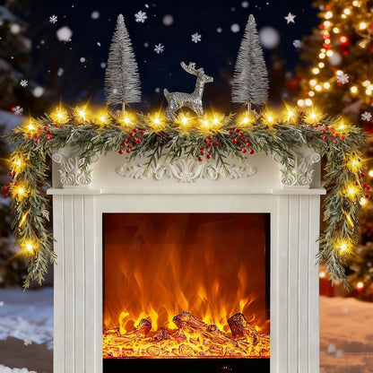 Prelit Snow-Dusted Garland with 20 LED Snowflakes – Faux Pine Greenery for Fireplace Mantle and Staircase Banister Decor