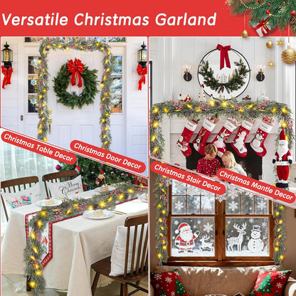Prelit Snow-Dusted Garland with 20 LED Snowflakes – Faux Pine Greenery for Fireplace Mantle and Staircase Banister Decor