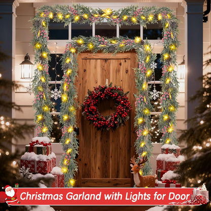 Prelit Snow-Dusted Garland with 20 LED Snowflakes – Faux Pine Greenery for Fireplace Mantle and Staircase Banister Decor