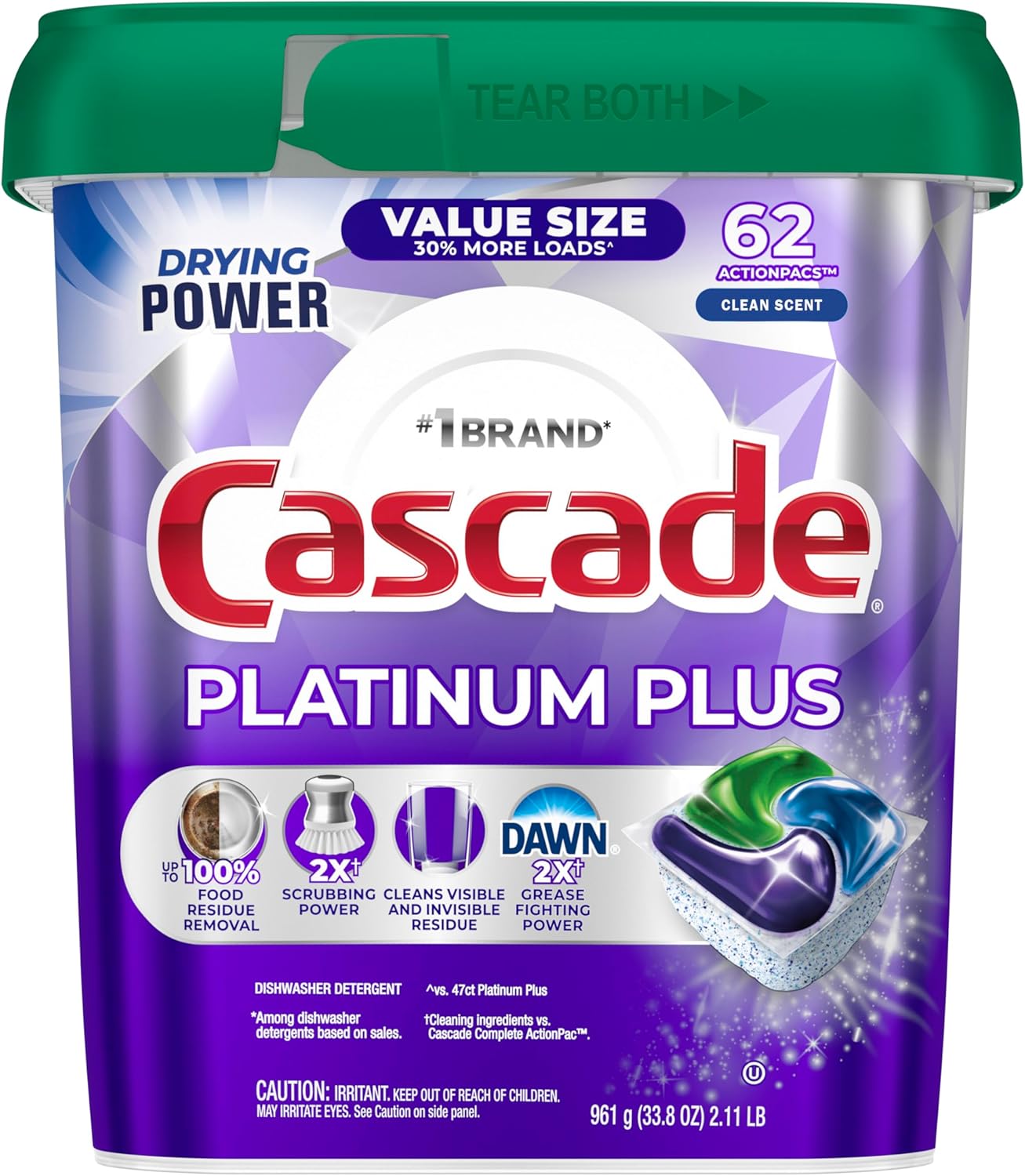 premeasured actionpac pod combining detergent, scrubbing boosters, and rinse aid in one