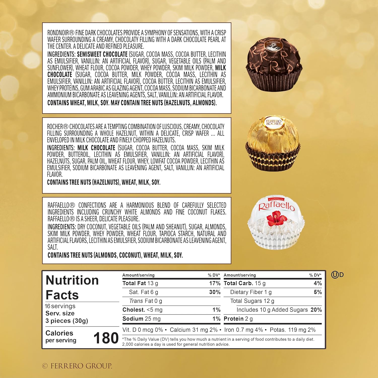premium ingredients including real hazelnuts, almonds, and dry coconut