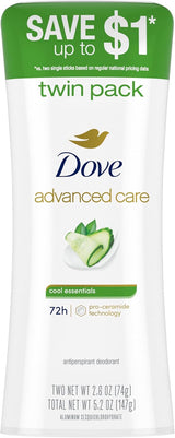 Dove Advanced Care Anti-Perspirant Stick – Nightly Skincare Ritual for Women, Pro Ceramide Repair & 72-Hour Odor Control, Cool Essentials Twin Pack 2.6 oz