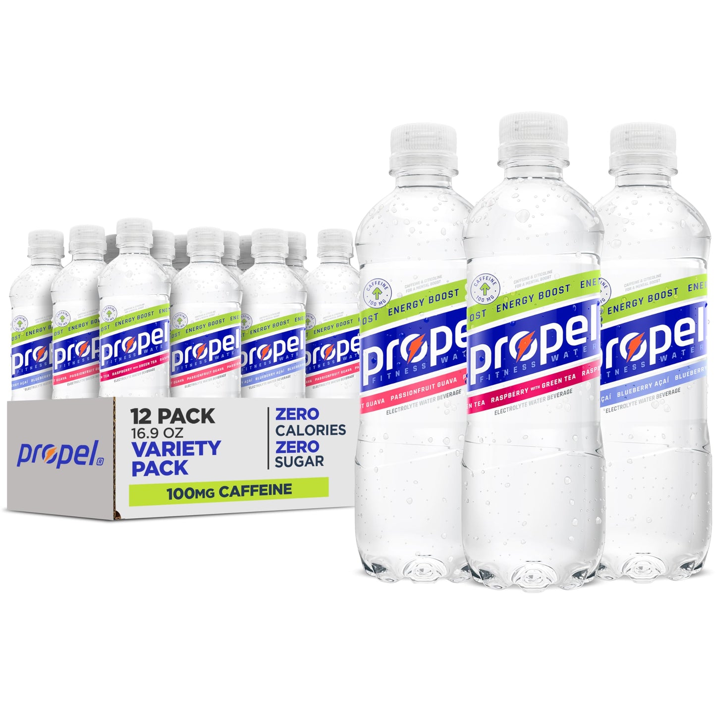 Propel Energy Boost Zero Calorie Water – Clean Self-Care Hydration with B Vitamins and Antioxidants, 3 Flavor 12 Pack