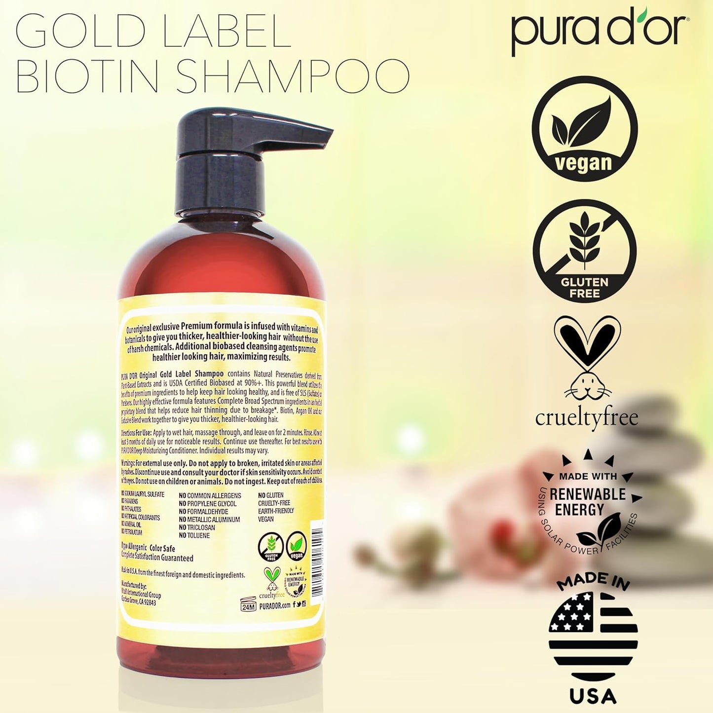PURA D'OR Anti-Thinning Shampoo – Daily Self-Care Ritual for Thinning Hair, Botanical Scalp-Nourishing Wash