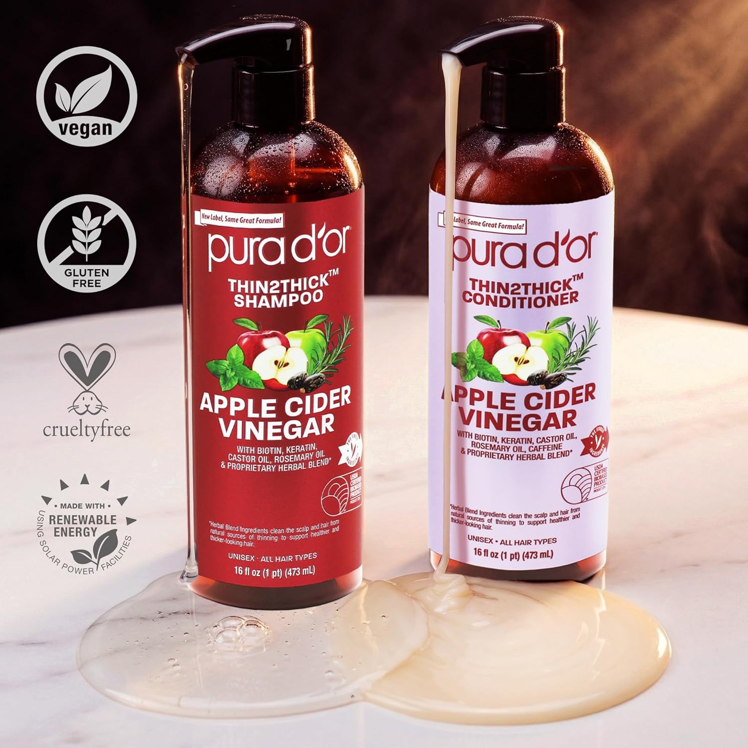 PURA D'OR Apple Cider Vinegar Thin2Thick Set — Mindful Shower Ritual for Thinning Hair & Scalp Self-Care, Biotin + Keratin, 2 x 16oz