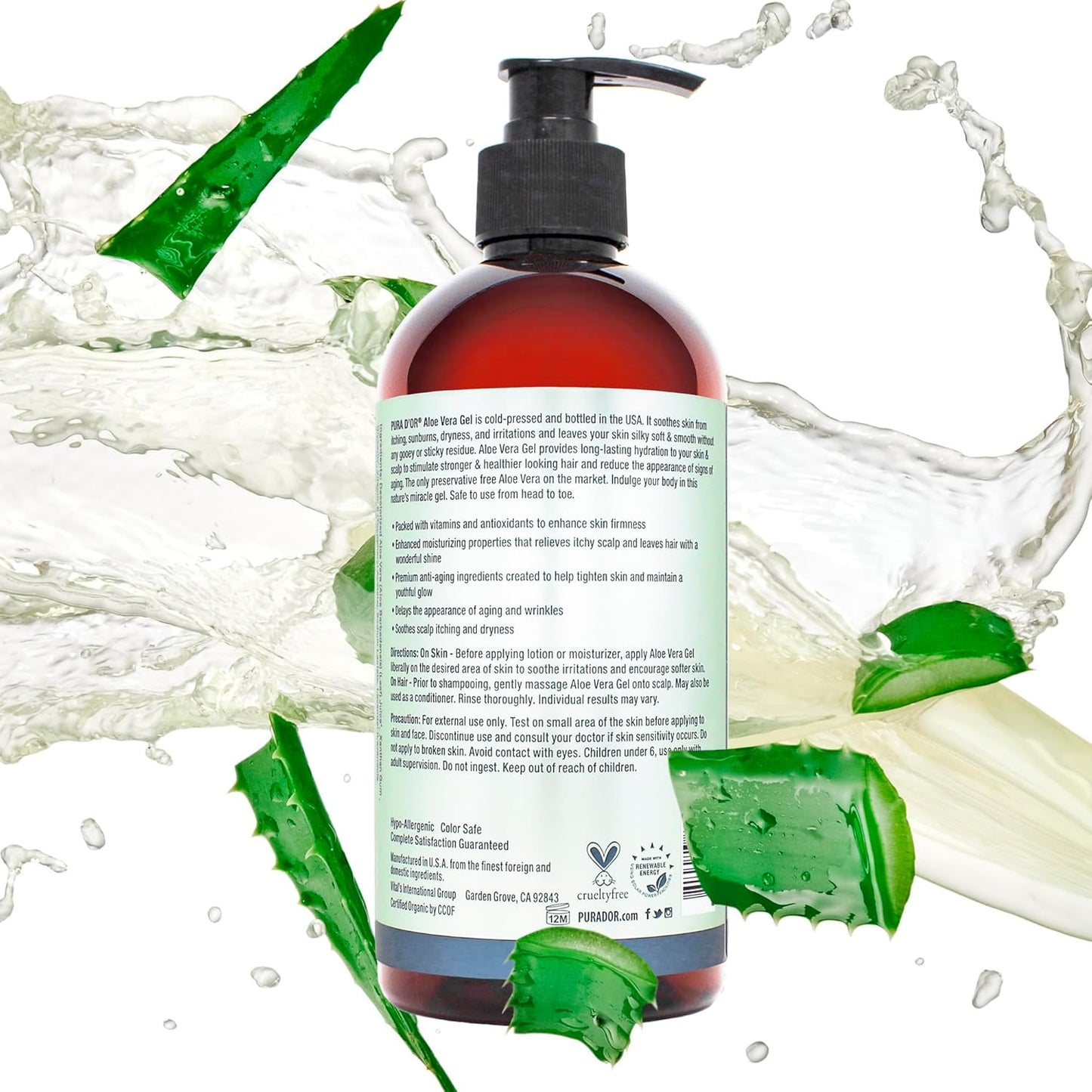 PURA D'OR Organic Aloe Vera Gel – Lavender After Sun Relief for Beach Bag and Poolside