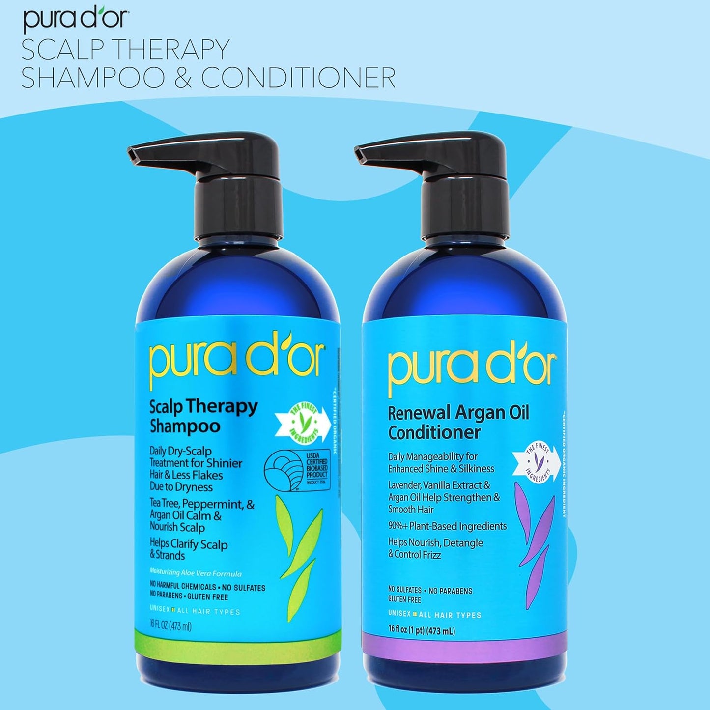 PURA D'OR Scalp Therapy Shampoo & Conditioner Set — Thoughtful Birthday Gift for Her with Tea Tree & Lavender