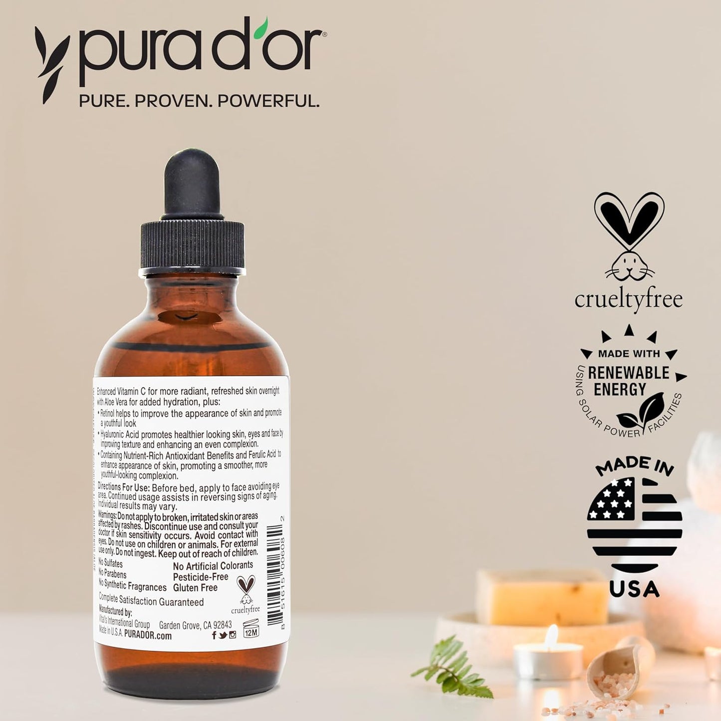PURA D'OR Vitamin C Serum with Retinol and Hyaluronic Acid 4 Oz – Mindful Evening Skincare for Restorative Rest