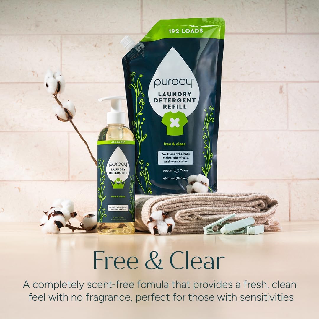Puracy Natural Laundry Detergent - Non-Toxic Plant-Based Formula for Sensitive Skin, Free & Clear 64 Loads