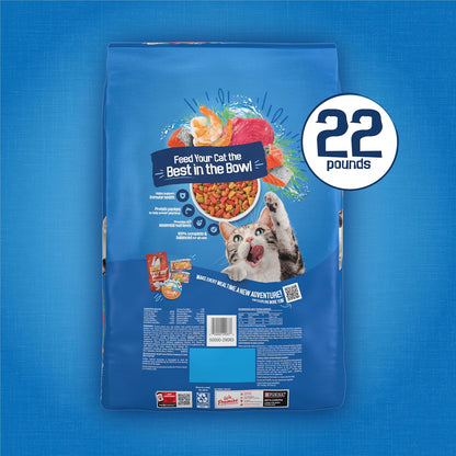 Purina Friskies Dry Cat Food Seafood Sensations - 22 lb. Bag of Salmon, Tuna and Shrimp for Mindful Multi-Cat Feeding Routines
