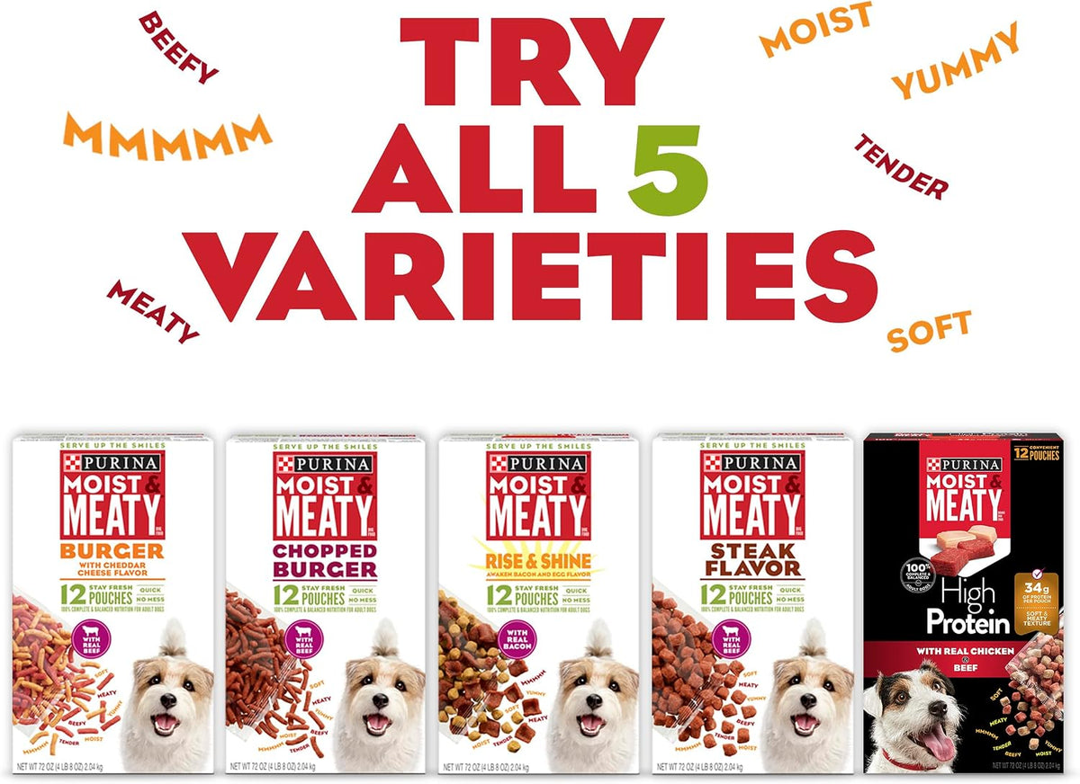 Purina Moist & Meaty Adult Dog Food 36 ct Pouch Pack, Lightweight Travel Meals for Boarding and Road Trip Stays