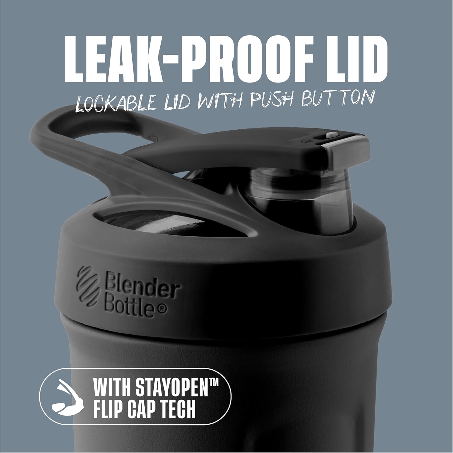 push-button spill-proof locking lid with one-handed open/close operation