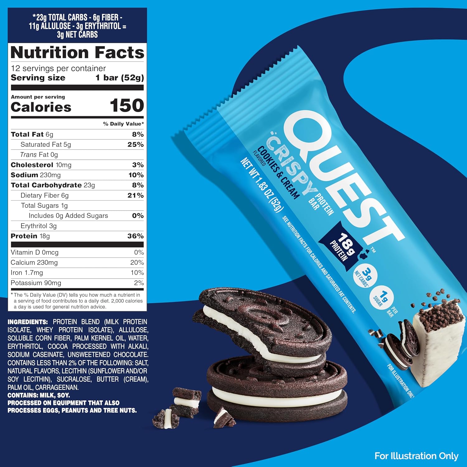 Quest Nutrition Crispy Cookies & Cream Hero Protein Bar – Focus-Sustaining Desk Snack for Remote Workers, 18g Protein
