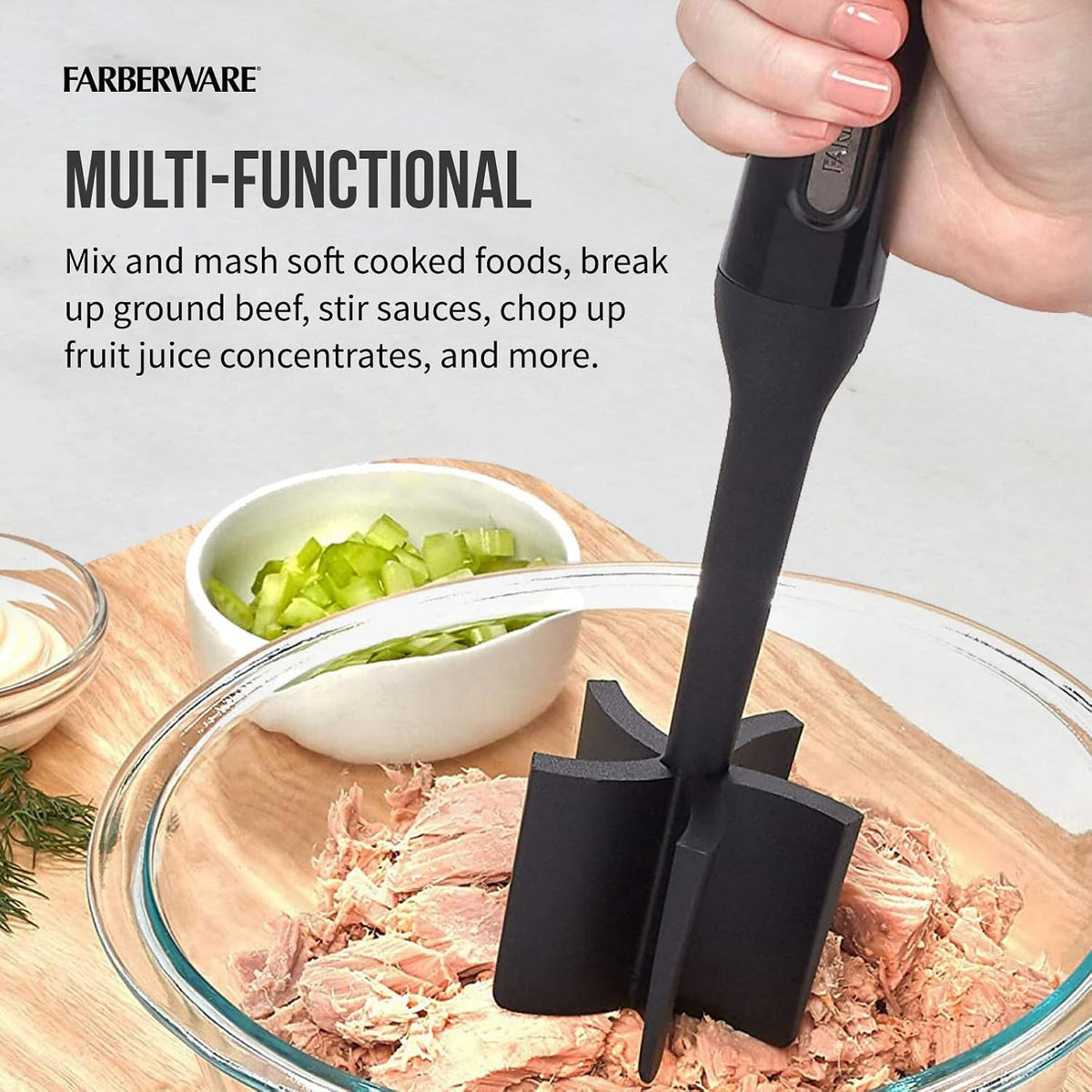 raised tip-up head that keeps the blade off countertops to prevent cross-contamination and mess