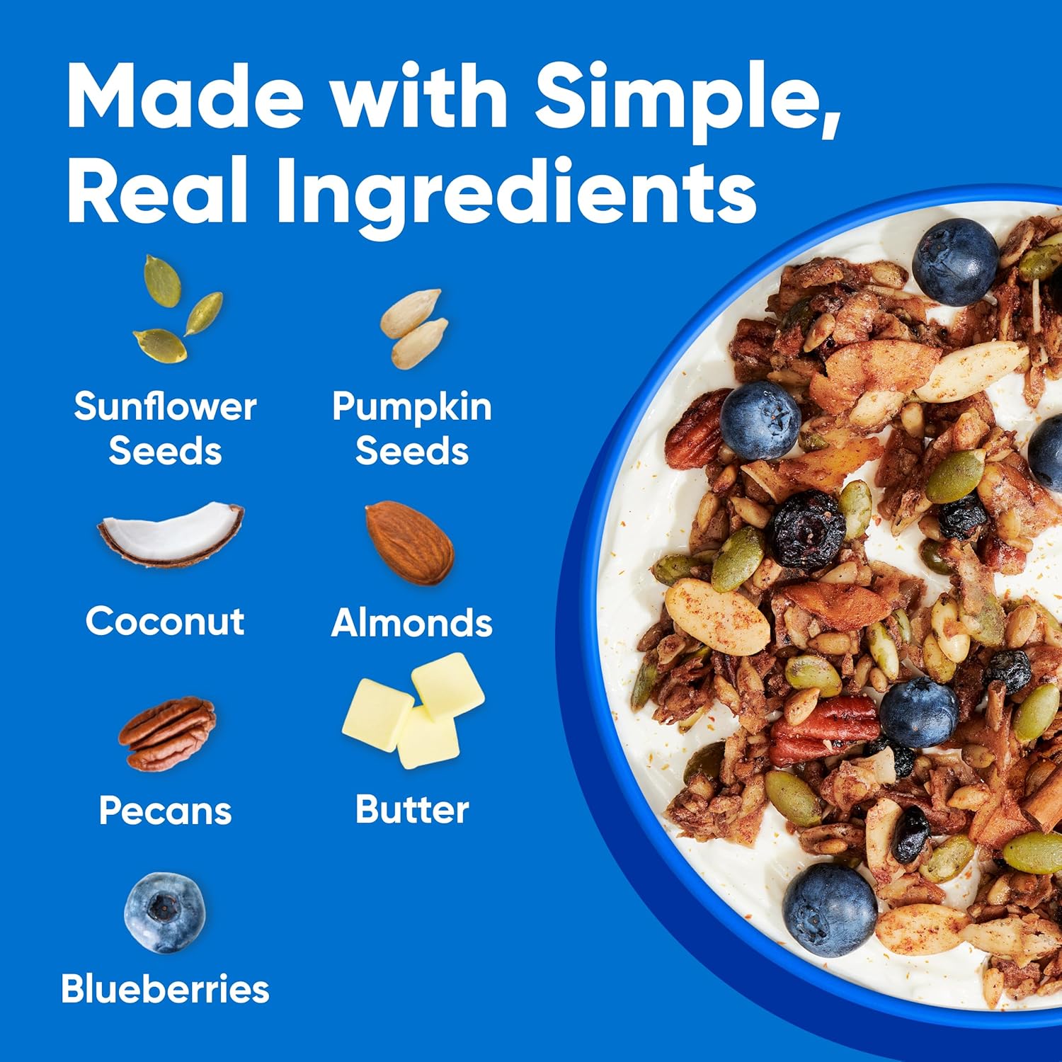 real nut and seed base: almonds, pecans, sunflower seeds, pumpkin seeds, coconut