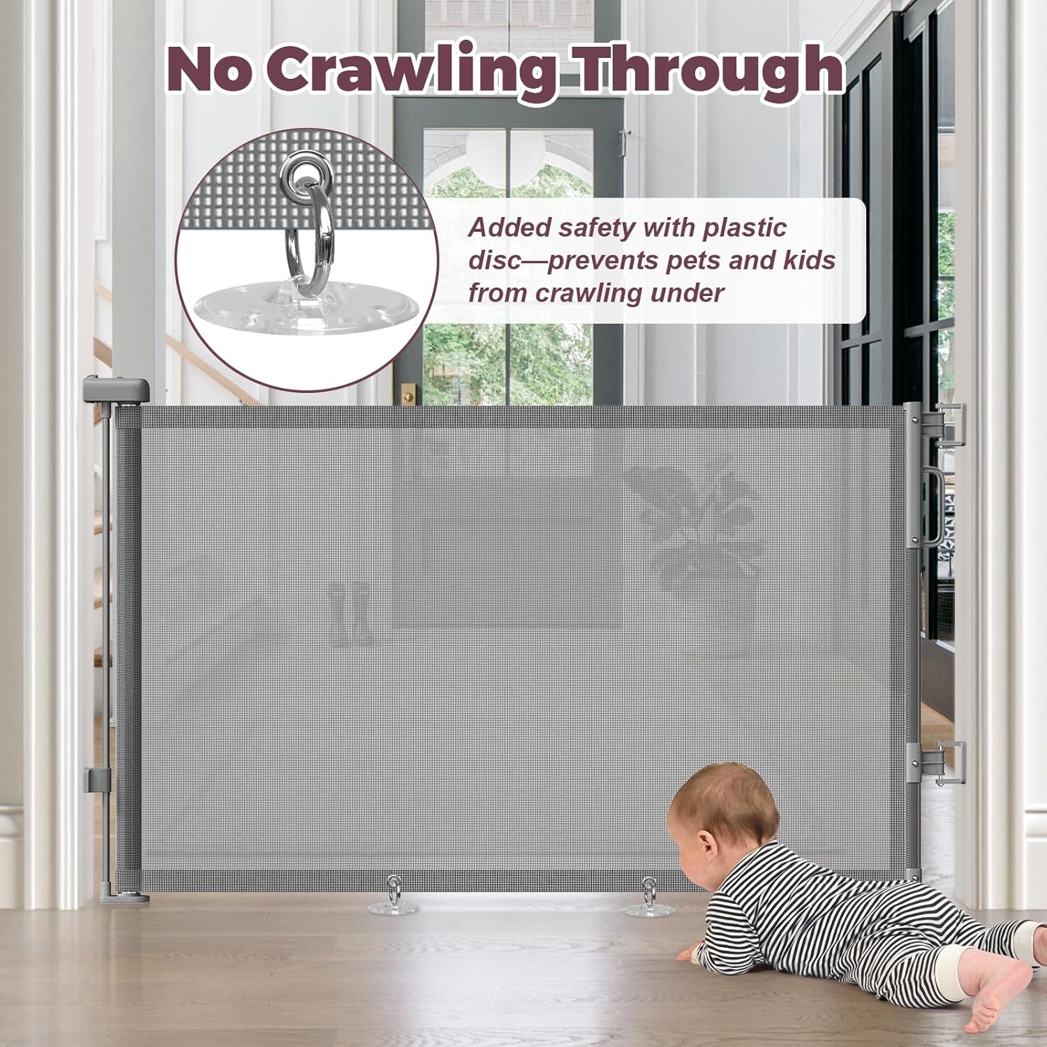Retractable Mesh Baby Gate in Neutral Tones – Blends with Modern & Farmhouse Decor, 55" Wide 34" Tall
