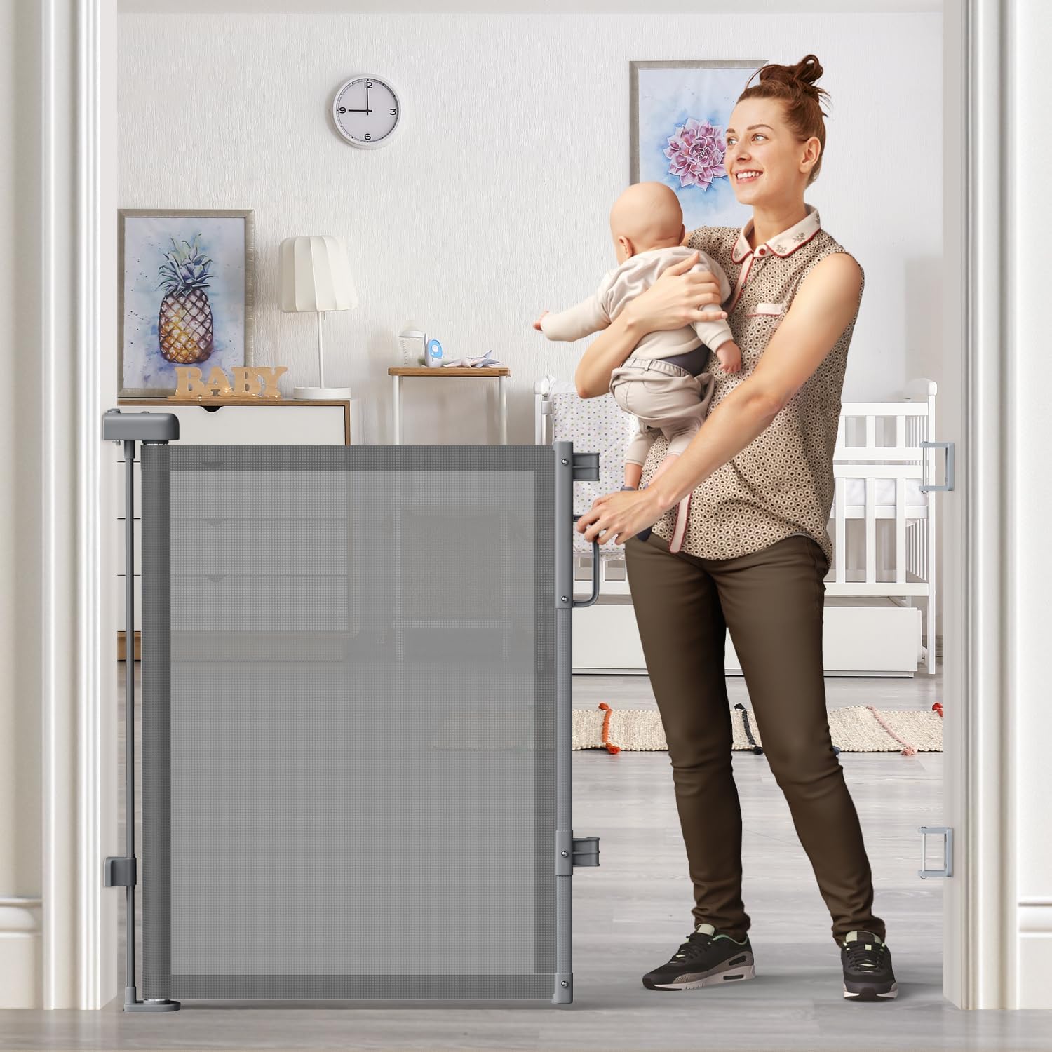 Retractable Mesh Baby Gate in Neutral Tones – Blends with Modern & Farmhouse Decor, 55" Wide 34" Tall