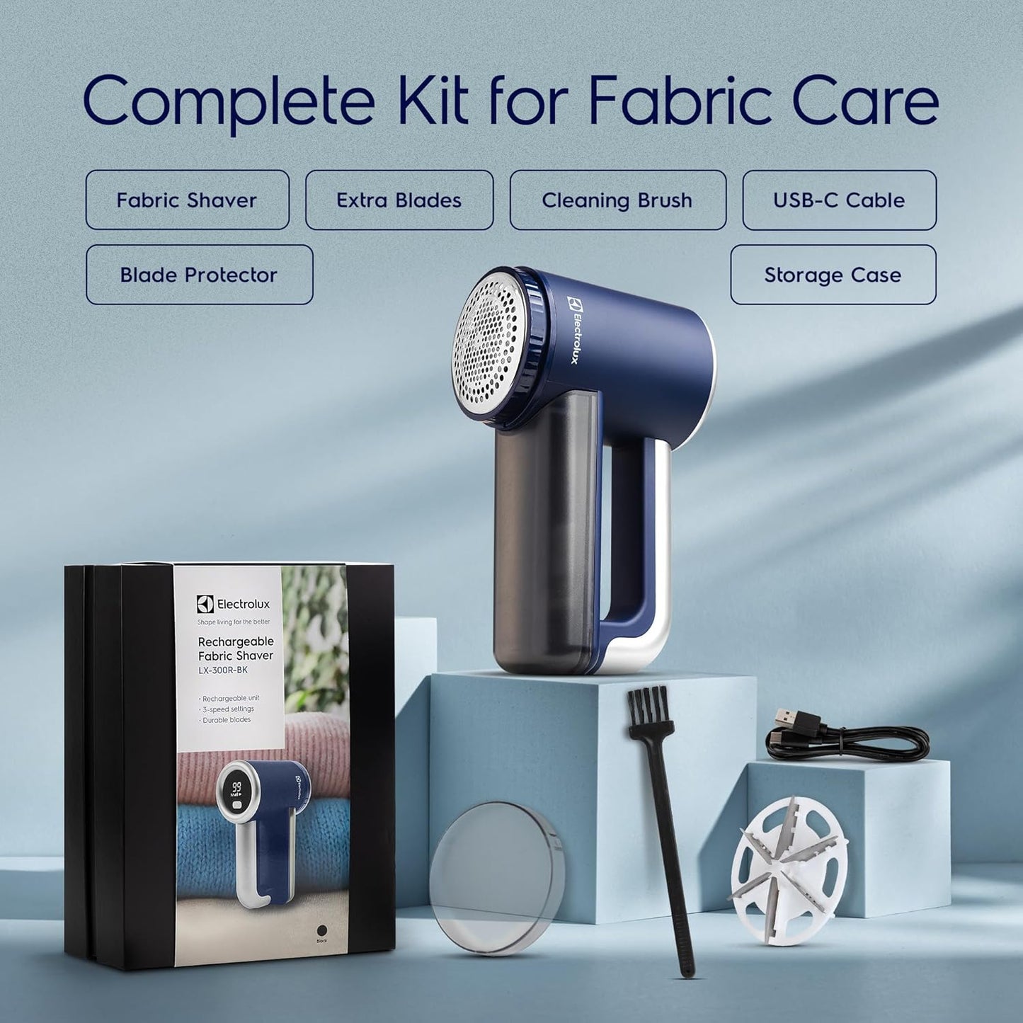 reusable storage box, cleaning brush, and protective blade cover