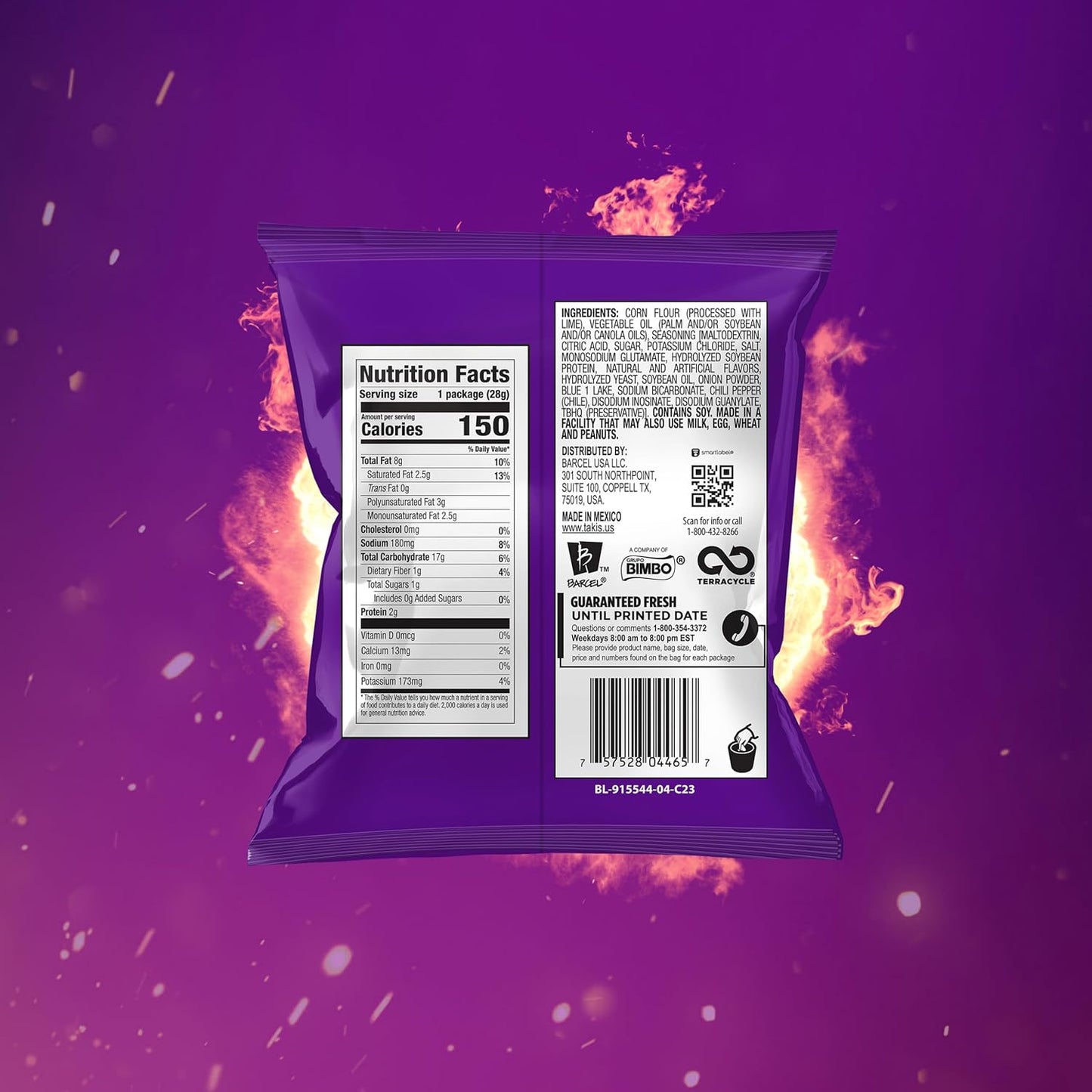 rolled corn tortilla chip format coated in chili-pepper seasoning