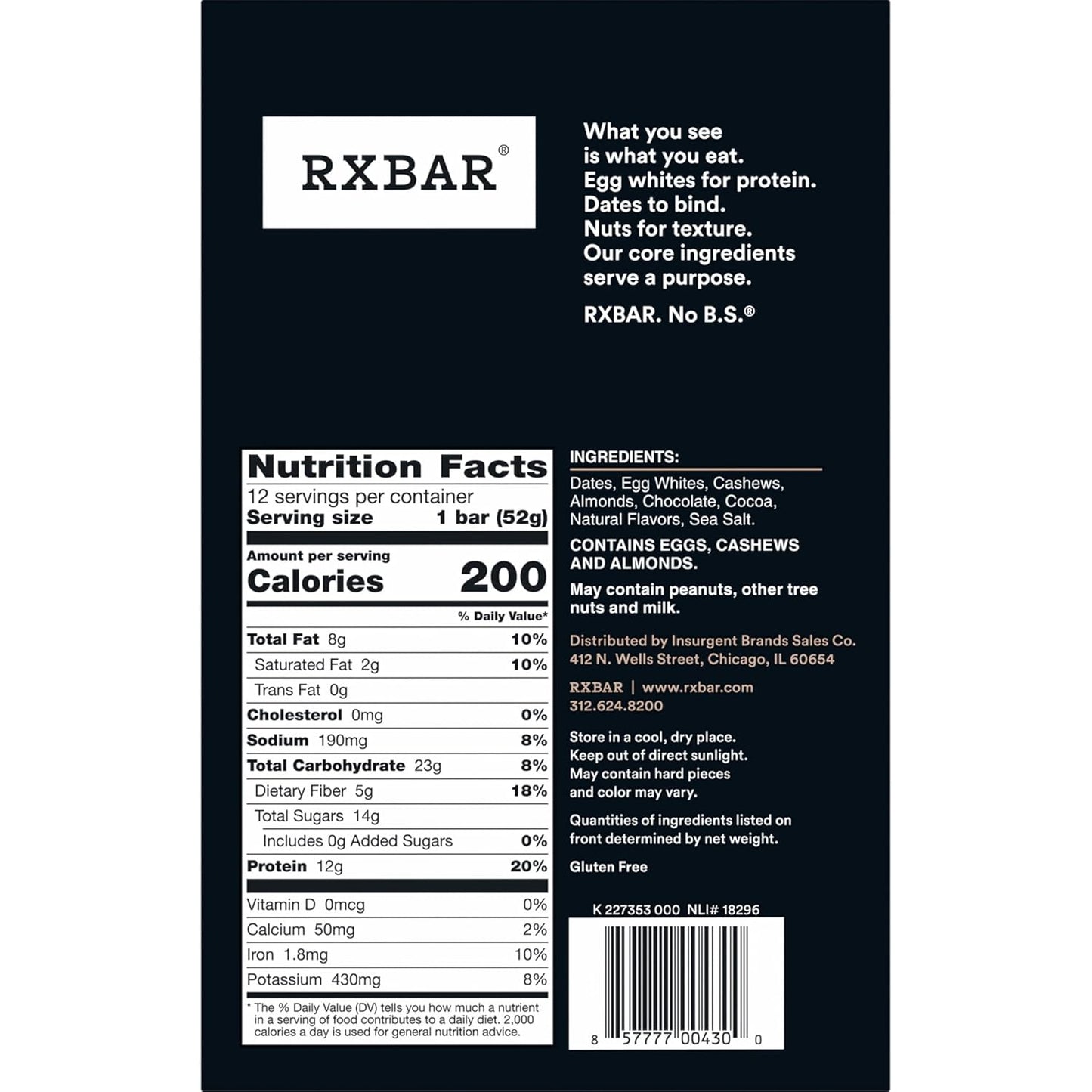 RXBAR Chocolate Sea Salt Protein Bars – Quick Desk-Side Energy for Focused Workdays, 12-Count Resealable Pouch