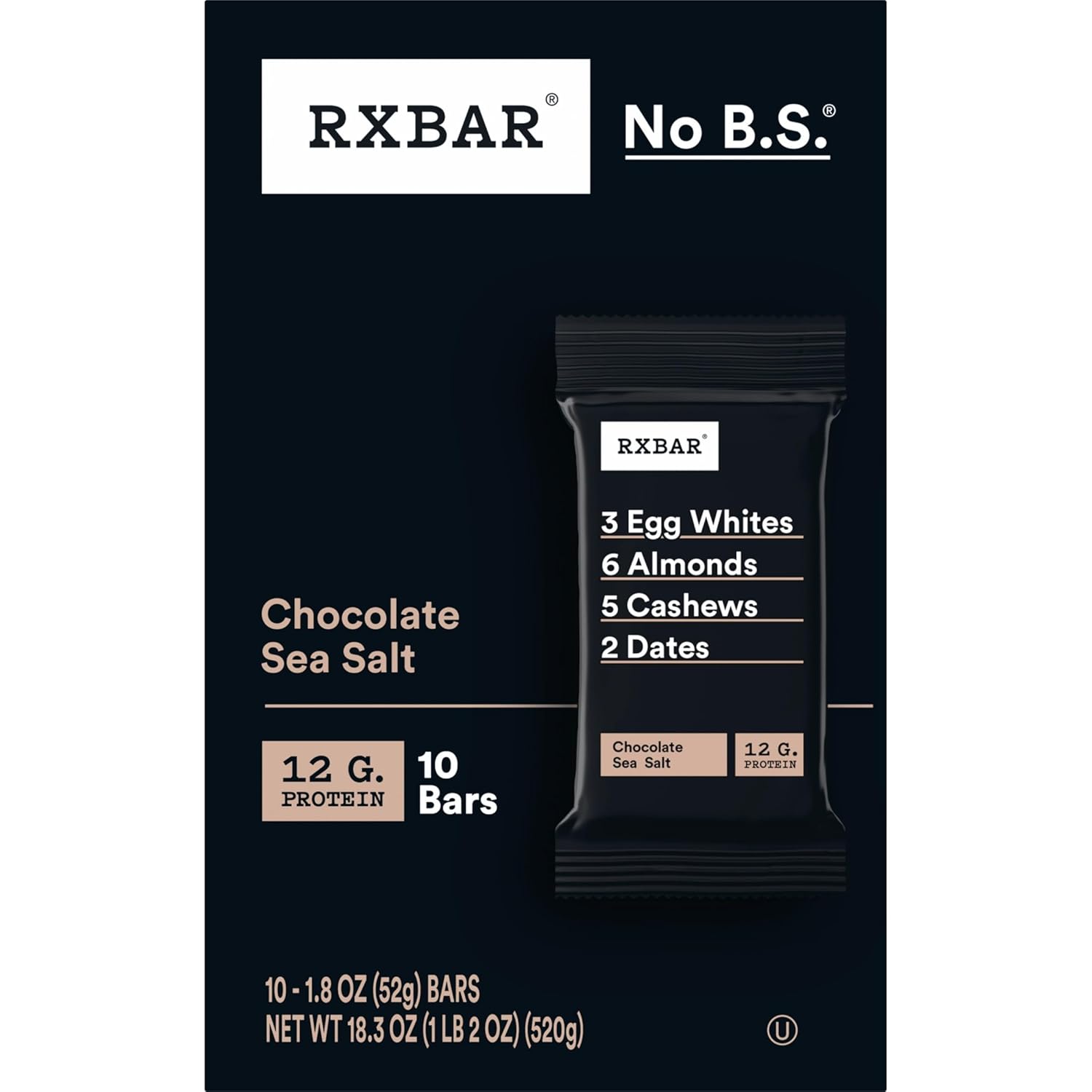 RXBAR Chocolate Sea Salt Protein Bars – Thoughtful Healthy Gift for Fitness Lovers, 10-Count Box