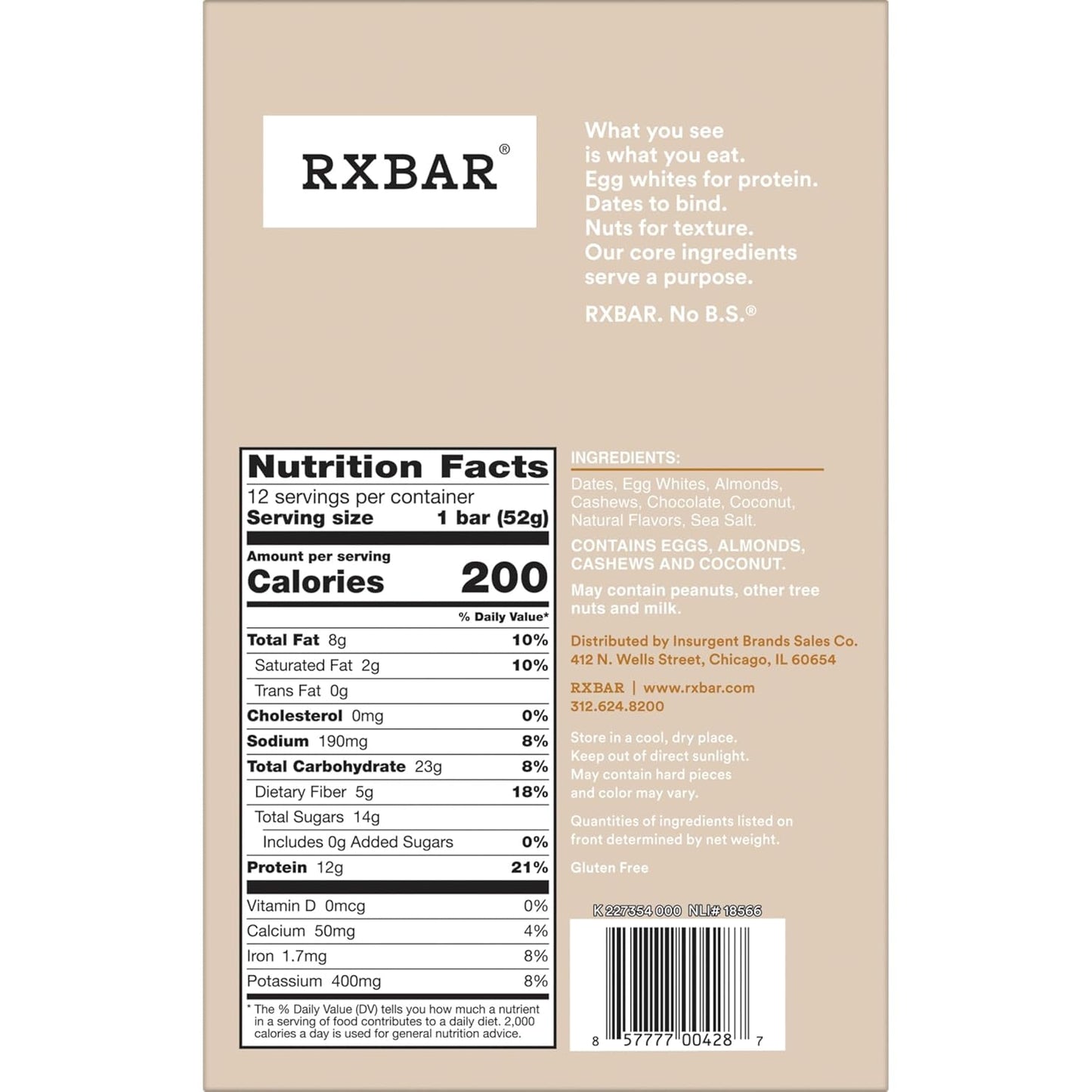 RXBAR Coconut Chocolate Protein Bar – Mindful Clean-Eating Snack for Pre-Workout Fuel, 12 Count Box