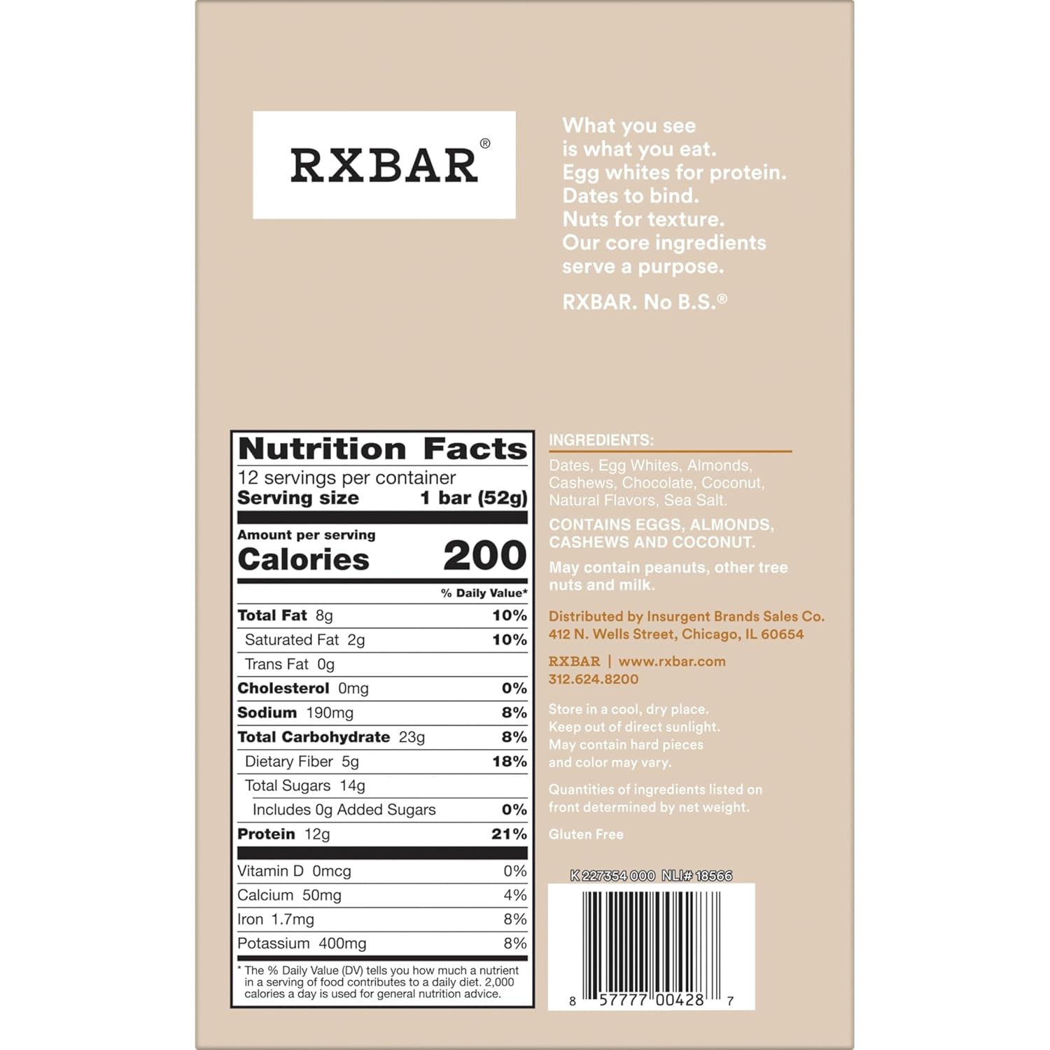 RXBAR Coconut Chocolate Protein Bar – Office Desk Drawer Snack for Mid-Morning Focus, 12 Count Box