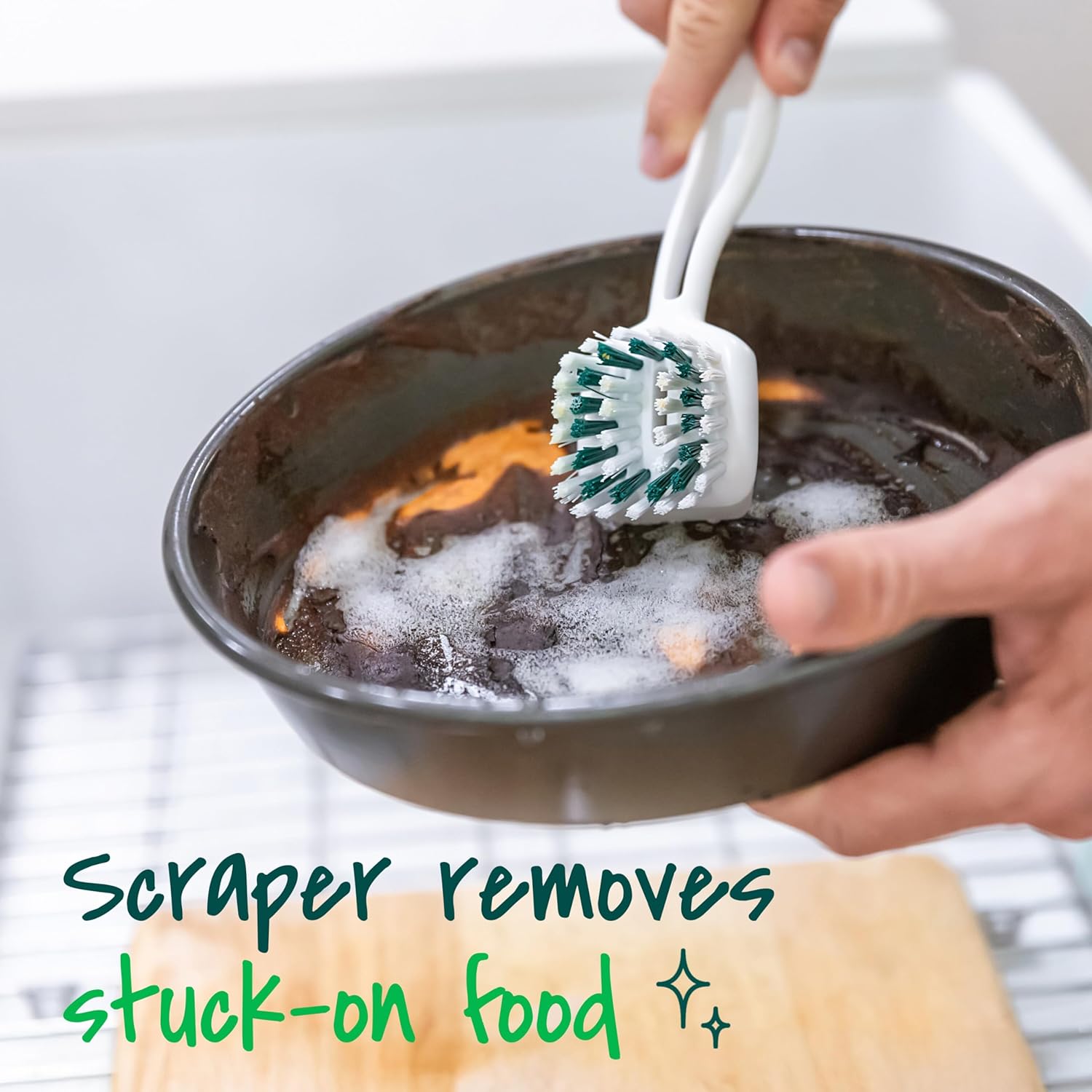 Scotch-Brite Safe Scrub Brush with Antimicrobial Bristles and Built-In Scraper, Keeps Hands Away from Sharp Pan Edges
