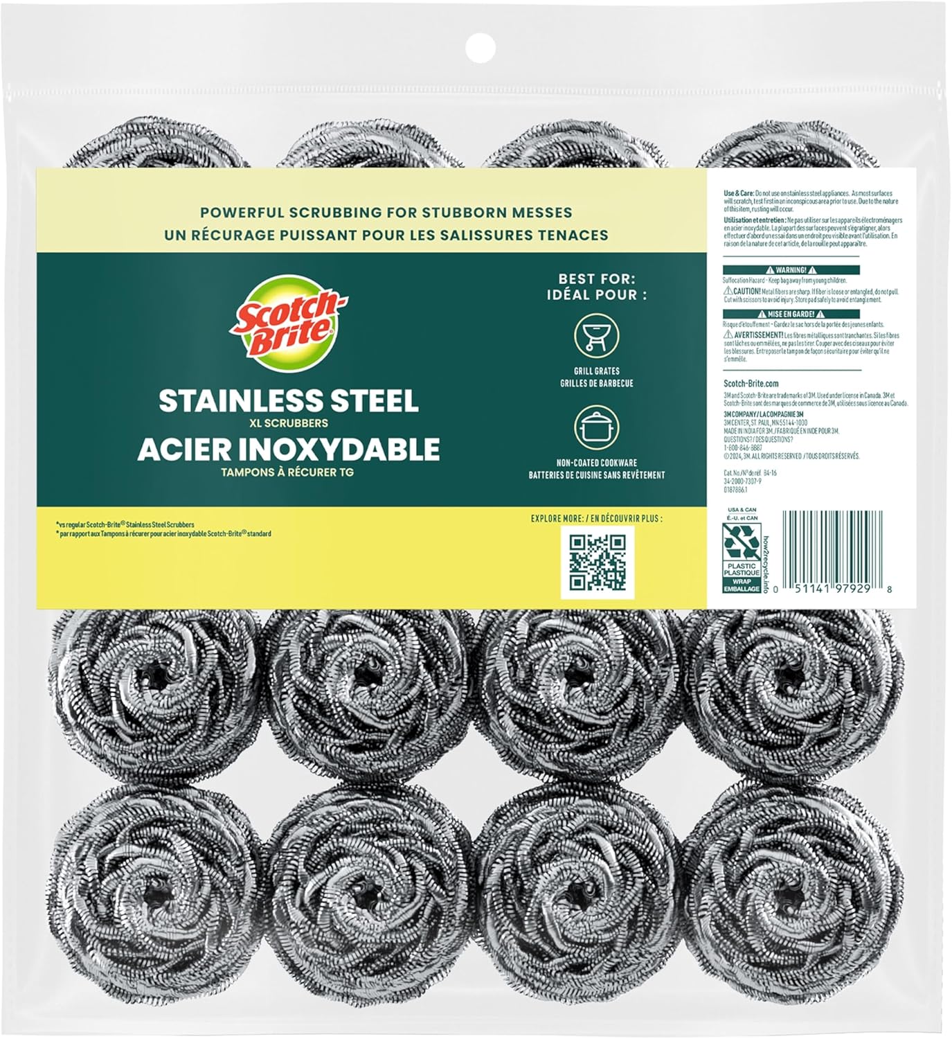 Scotch-Brite Stainless Steel Scrubbers for Backyard Grills and Patio Cookouts, Heavy-Duty Grill Scrubber Pads 16 Pack