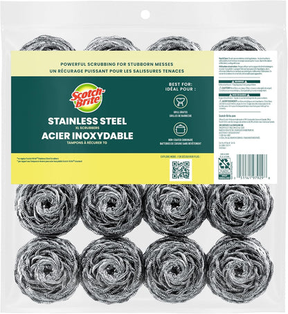 Scotch-Brite Stainless Steel Scrubbers for Backyard Grills and Patio Cookouts, Heavy-Duty Grill Scrubber Pads 16 Pack