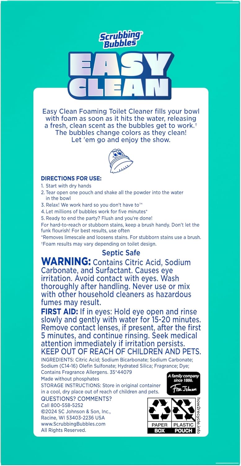 Scrubbing Bubbles Easy Clean Foaming Toilet Bowl Cleaner Powder Pouches – Streamlined Powder Pods for Clutter-Free Bathroom Storage, Pre-Portioned Drop-In Weekly Limescale Maintenance