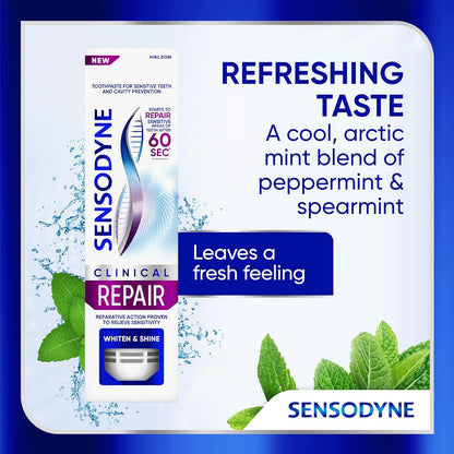 Sensodyne Clinical Repair Whiten & Shine – 3-Pack Toothpaste for Consistent Daily Oral Health