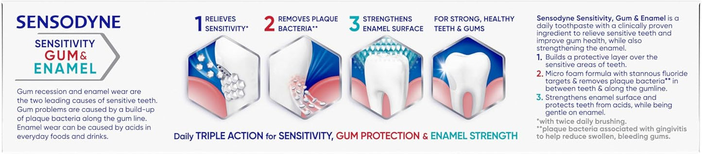 Sensodyne Triple Protection Fluoride Toothpaste – Daily Self-Care Ritual for Sensitive Teeth, Healthy Gums, and Enamel Renewal, 3-Pack