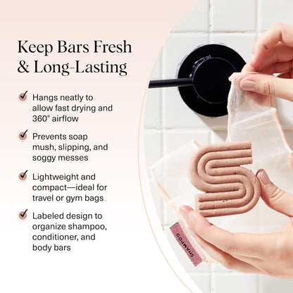 separate labeled pouches for body wash, shampoo, and conditioner bars