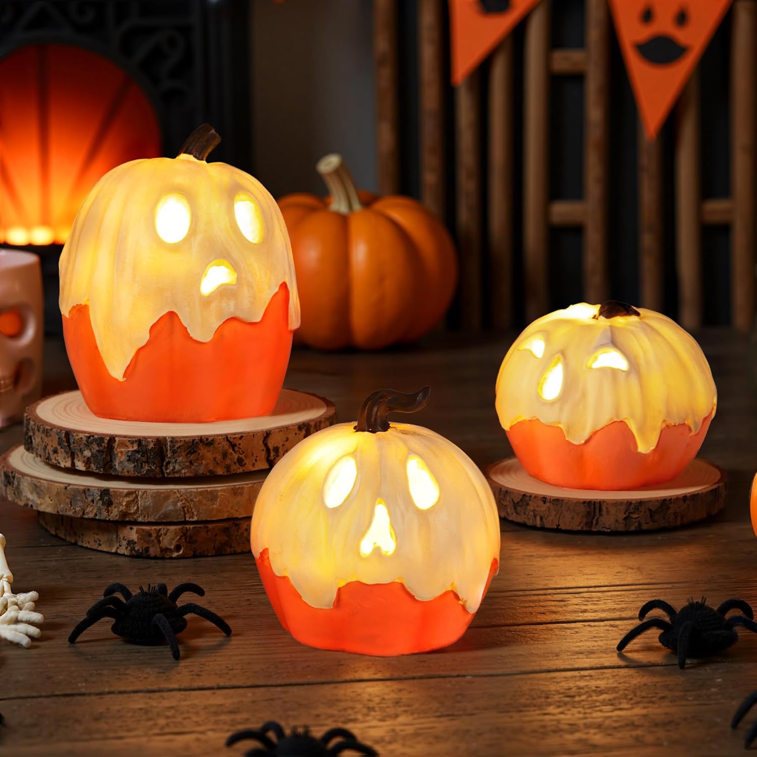 set of 3 ghost pumpkin figures in three different sizes for layered display