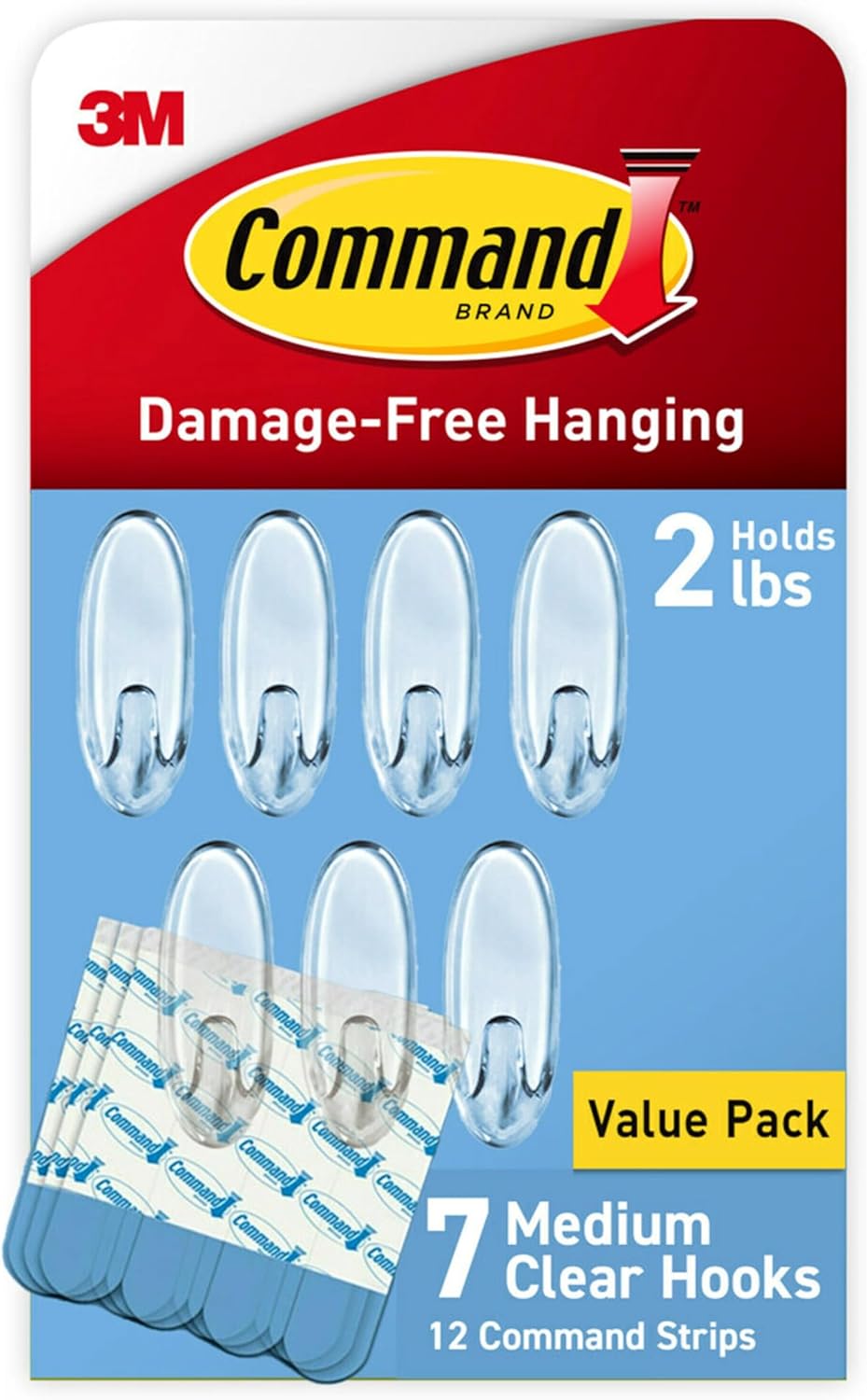 set of 7 clear plastic hooks with 12 medium command adhesive strips