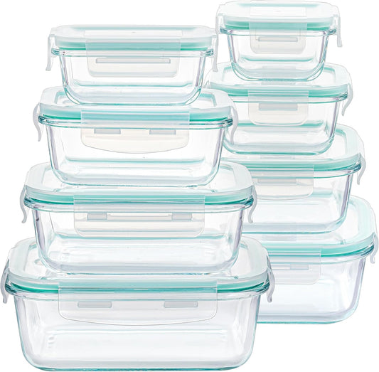 set of 8 borosilicate glass containers in 4 rectangle (5oz-35.1oz) and 4 square (6.8oz-27.1oz) sizes