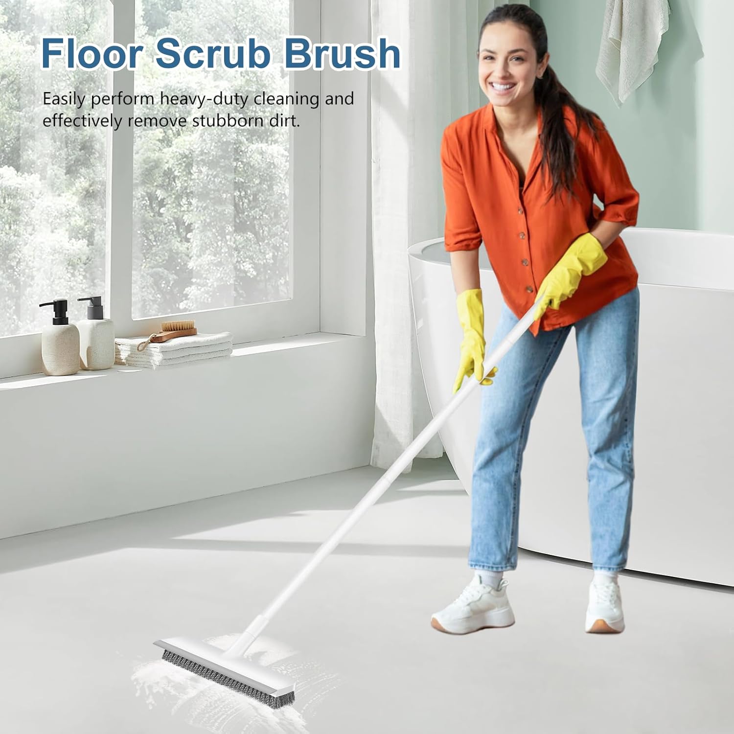 SetSail Long Handle Scrub Brush 2 in 1 with Scraper, Stiff Bristle Floor Scrubber for Bathroom Tub Garage Deck Patio Deep Cleaning