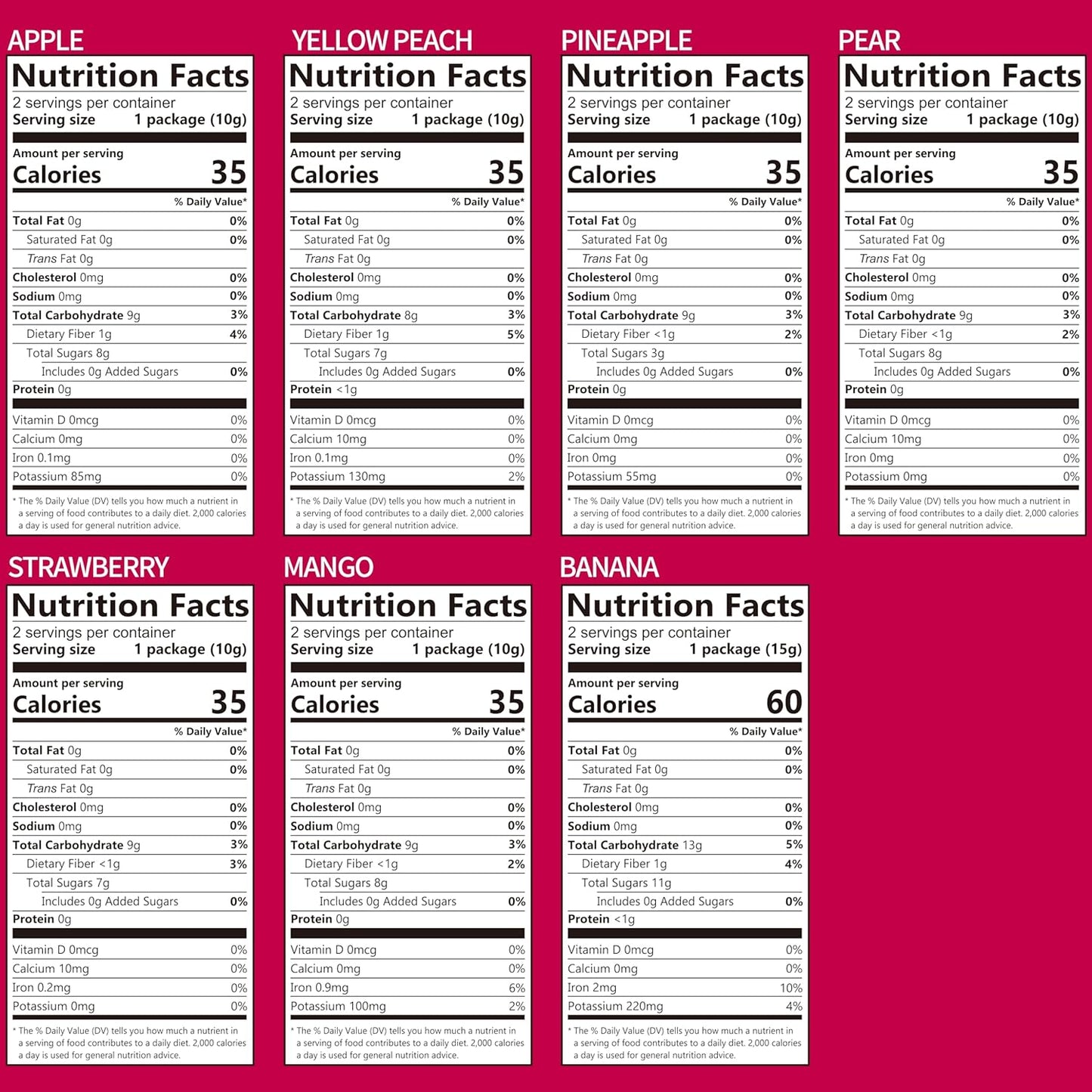 seven hand-sliced real-fruit varieties: apple x2, pineapple x2, pear x2, mango x2, banana x2, yellow peach x1, strawberry x1