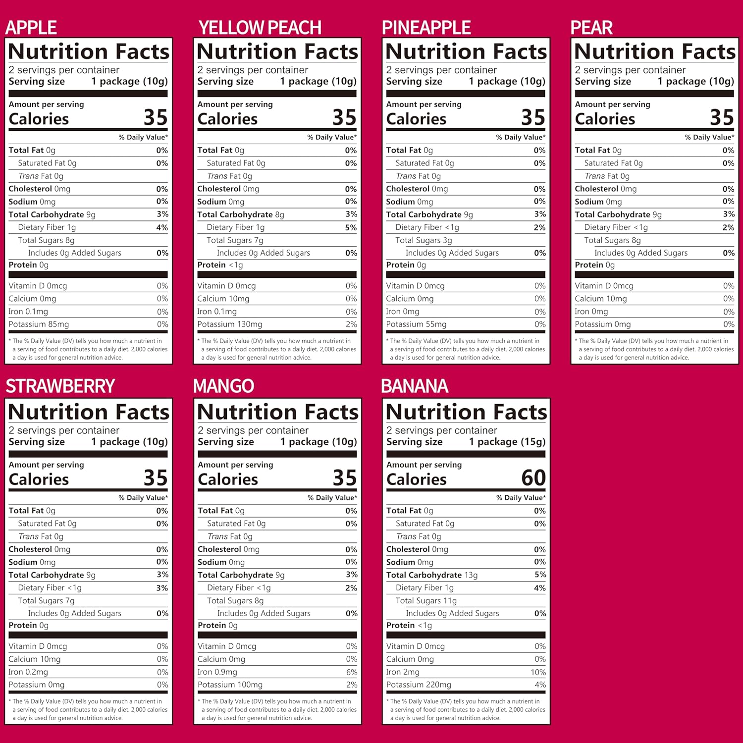seven hand-sliced real-fruit varieties: apple x2, pineapple x2, pear x2, mango x2, banana x2, yellow peach x1, strawberry x1