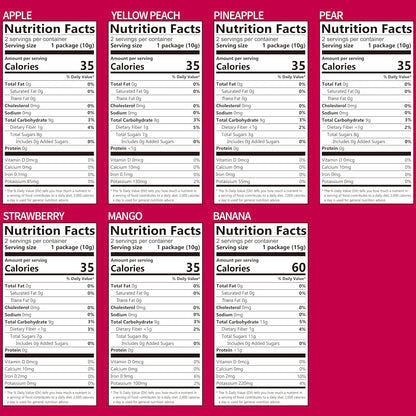 seven hand-sliced real-fruit varieties: apple x2, pineapple x2, pear x2, mango x2, banana x2, yellow peach x1, strawberry x1