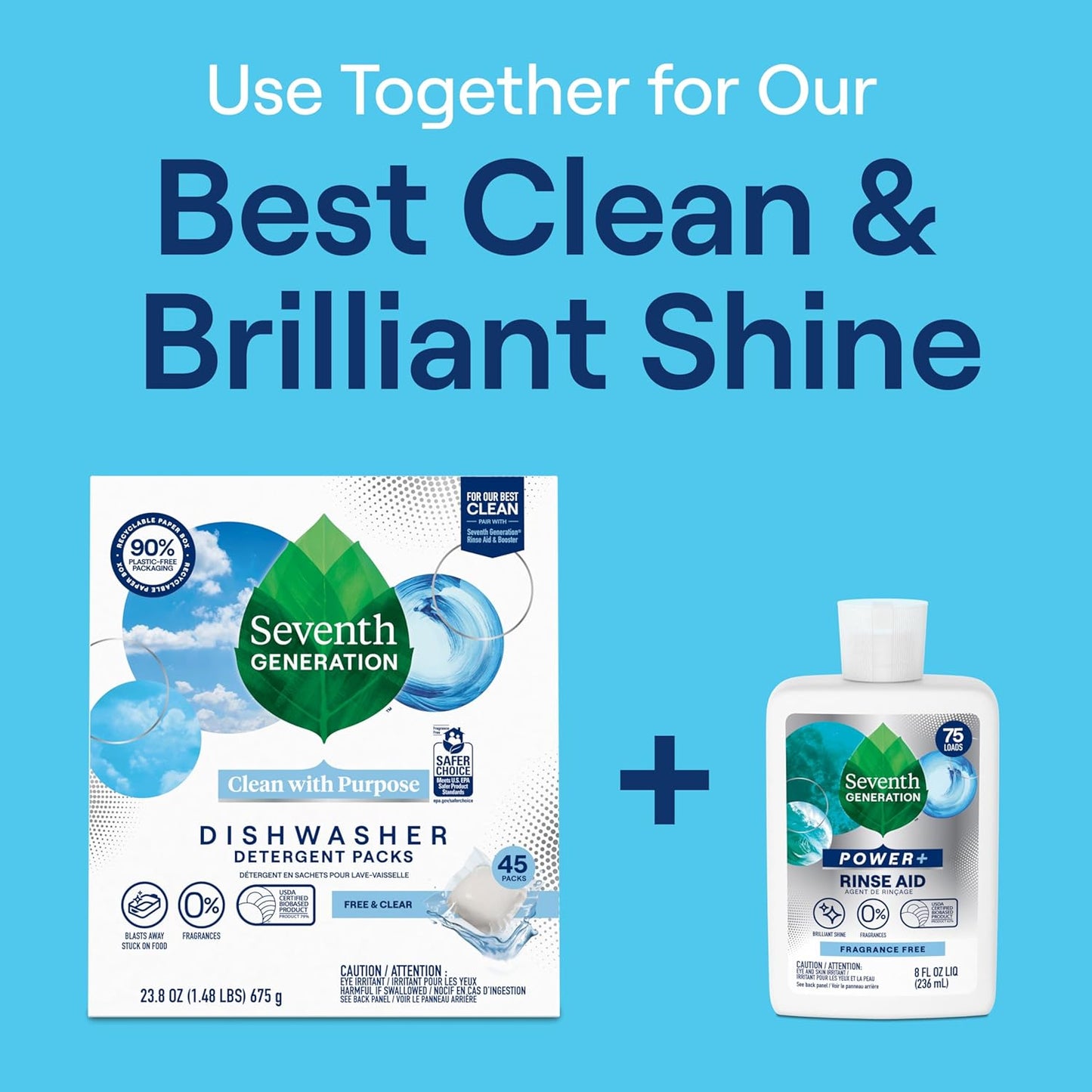Seventh Generation Power+ Dishwasher Rinse Aid Fragrance Free Plant Based Formula for Sensitive Family Wellness