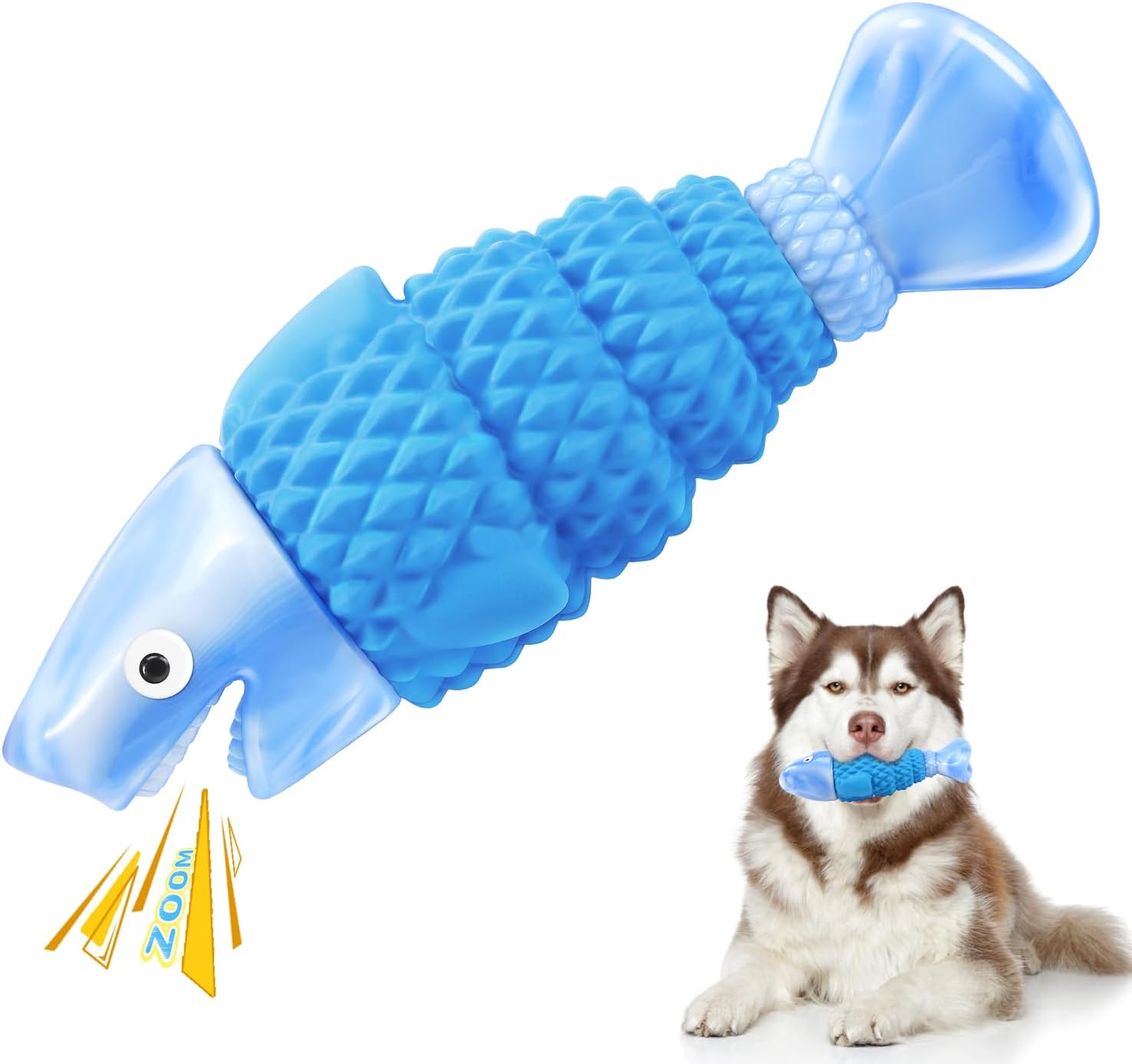shark-shaped design with built-in squeaker that resists damage during aggressive chewing