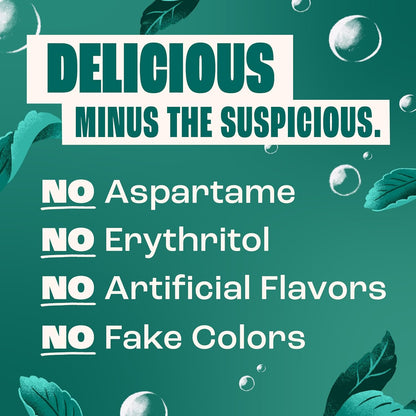 short ingredient lists (carbonated water, stevia, citric/tartaric acid, natural flavors) across all six flavors
