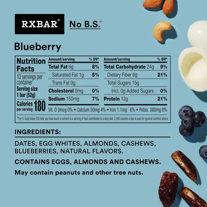 short, transparent ingredient list: dates, egg whites, almonds, cashews, blueberries, natural flavors